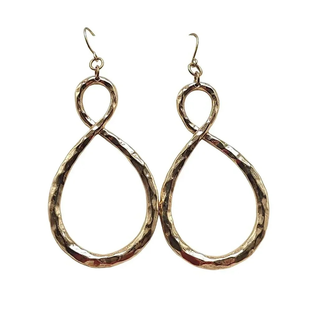 Hammered Twist Infinity Teardrop Dangle Earrings Hook Closure Gold Tone Vintage
